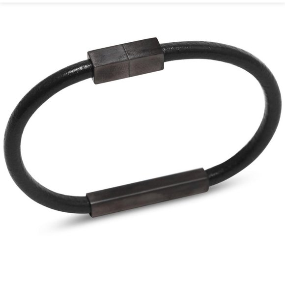 New Men's Kenneth Cole Black Leather &  Stainless Steel Bracelet - Picture 1 of 3